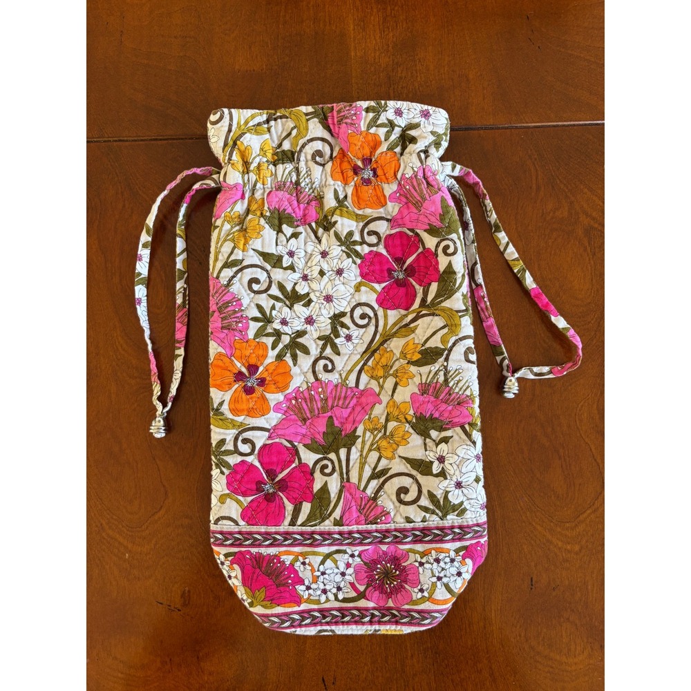 Vera Bradley Quilted Floral Wine Bottle Bag Pink Orange Drawstring Gift Bag